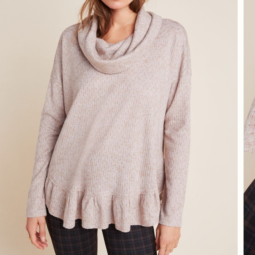 Anthropologie Maeve Addie Ruffled Hacci Pullover Sweater Top, Cowl Neck, Heather